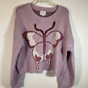 Pink Rose Cropped Lavender Butterfly Sweater Girls Size XL